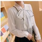 Tie-neck Blouse / Mini A-line Pleated Skirt