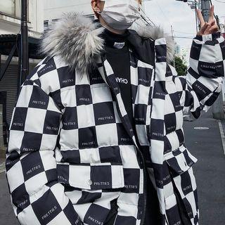 Couple Matching Furry-trim Checkerboard Zip Hooded Padded Jacket
