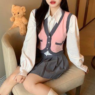 Cropped Button-up Sweater Vest / Shirt / Pleated Mini A-line Skirt