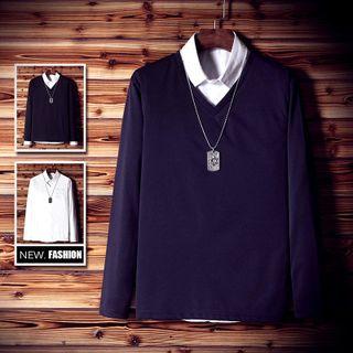 Long-sleeve Plain V-neck T-shirt