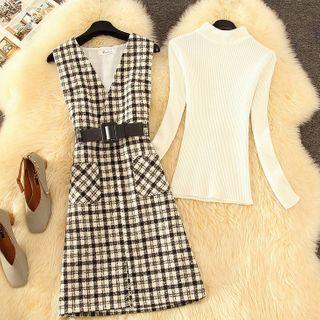 Knit Top / Sleeveless Plaid Dress / Set