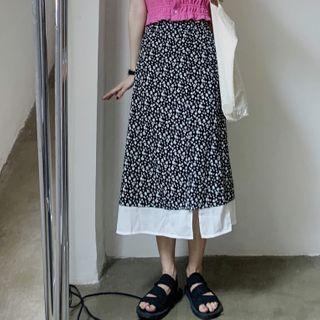 Short-sleeve Cropped Knit Top / Floral Print Midi A-line Skirt