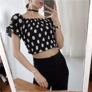 Puff-sleeve Polka Dot Smocked Crop Blouse