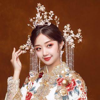 Wedding Set: Branch Tiara + Hair Stick + Dangle Earring Set Of 3 - Tiara & Hair Stick & 1 Pair - Dangle Earring - Clip On Earring - As Shown In Figure - One Size