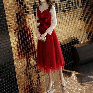 Set: Long-sleeve Lace Top + Sleeveless Velvet Panel Midi Evening Dress