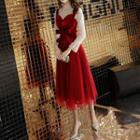 Set: Long-sleeve Lace Top + Sleeveless Velvet Panel Midi Evening Dress