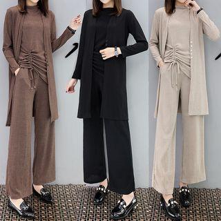 Set: Rib-knit Cardigan + Sleeveless Drawstring Top + Wide-leg Pants