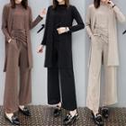 Set: Rib-knit Cardigan + Sleeveless Drawstring Top + Wide-leg Pants