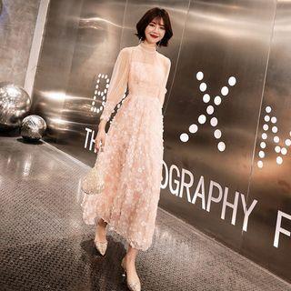 Mock Neck Mesh Panel Flower Applique A-line Evening Gown