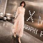 Mock Neck Mesh Panel Flower Applique A-line Evening Gown