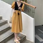 V-neck Mock Two-piece Puff-sleeve Color Block Dress