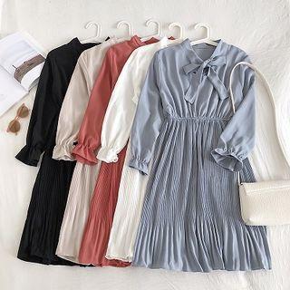 Tie-neck Flared-cuff Ribbed Midi A-line Dress