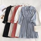 Tie-neck Flared-cuff Ribbed Midi A-line Dress