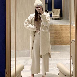 Faux Shearling Hooded Buttoned Coat / Wide-leg Pants