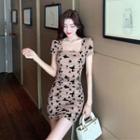 Short-sleeve Square-neck Butterfly Print Mini Bodycon Dress