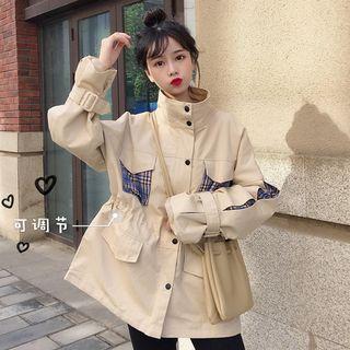 Plaid Panel Buttoned Cargo Jacket As Shown In Figure - One Size