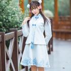 Set: Long-sleeve Embroidery Jacket + A-line Slipdress