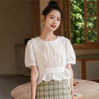 Lace Trim Short-sleeve Tie-waist Cropped Blouse