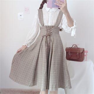 3/4-sleeve Lace Shirt / Lace Up Plaid Midi Overall Dress