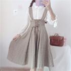 3/4-sleeve Lace Shirt / Lace Up Plaid Midi Overall Dress