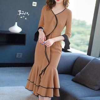 3/4 Sleeve V-neck Ruffle Hem Dress
