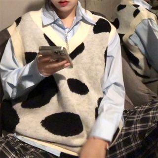 Cow Print V-neck Vest Beige & Black - One Size