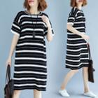 Short-sleeve Striped Midi Knit Dress Black & White - One Size