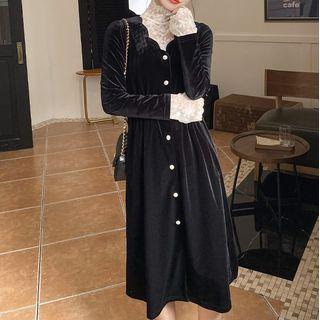 Long-sleeve Midi A-line Velvet Dress / Lace Top / Camisole Top / Set