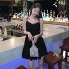 Sleeveless Drawstring Strap Lace Trim Dress Black - One Size
