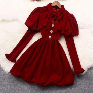 Set: Spaghetti Strap Velvet Dress + Puff Sleeve Crop Jacket