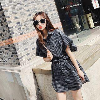 Check Short-sleeve Long Shirt With Belt