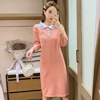 Long-sleeve Contrast Trim Collared Knit Dress Pink - One Size