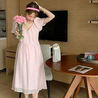 Short-sleeve V-neck Chiffon Midi A-line Dress