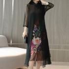 Print Long-sleeve Mandarin Collar Chiffon Dress