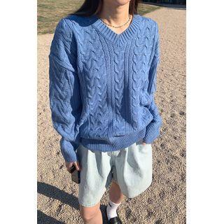 V-neck Boxy Cable-knit Top