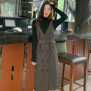 Set: Mock-turtleneck Long-sleeve T-shirt + Double-breasted Pinafore Dress