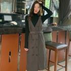 Set: Mock-turtleneck Long-sleeve T-shirt + Double-breasted Pinafore Dress