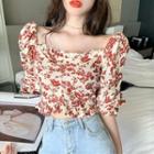 Short-sleeve Floral Print Frill Trim Crop Top Red Floral - White - One Size