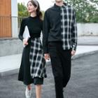 Couple Matching Mock-neck Long-sleeve T-shirt / Plaid Panel Shirt / Midi A-line Skirt
