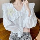 Long-sleeve Beaded Wide Collar Frill Trim Blouse