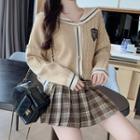 Chunky Knit Panel Cardigan / Plaid Mini Skirt