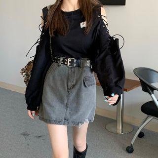 Cold-shoulder Sweatshirt / Distressed A-line Denim Skirt