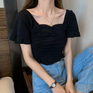 Short-sleeve Ruffle Trim Shirred Cropped T-shirt