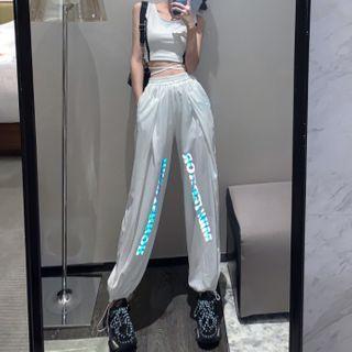 Contrast Trim Tank Top / Reflective Lettering Cuffed Harem Pants