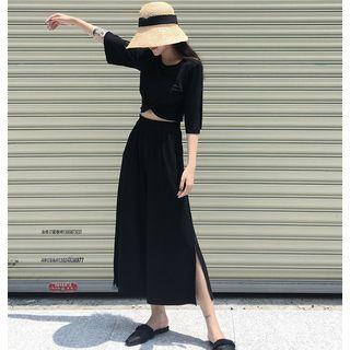 Set: Cropped Elbow-sleeve T-shirt + Cropped Wide-leg Pants