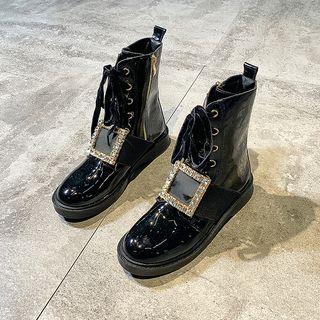 Patent Rhinestone Buckled Lace-up Short Boots
