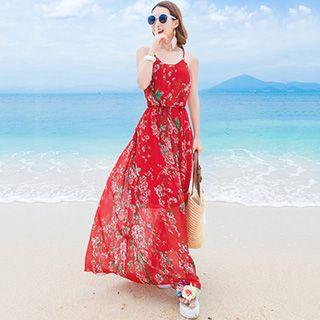 Floral Print Open Back Maxi Dress