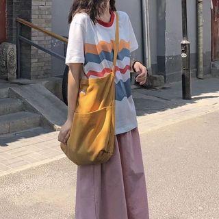 Short-sleeve Rainbow Print T-shirt / Plain Midi Dress