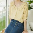 Elbow-sleeve Plaid Blouse Yellow - One Size