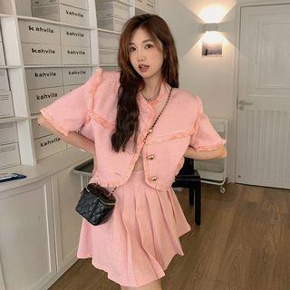 Short-sleeve Ruffled Blazer / Pleated A-line Skirt